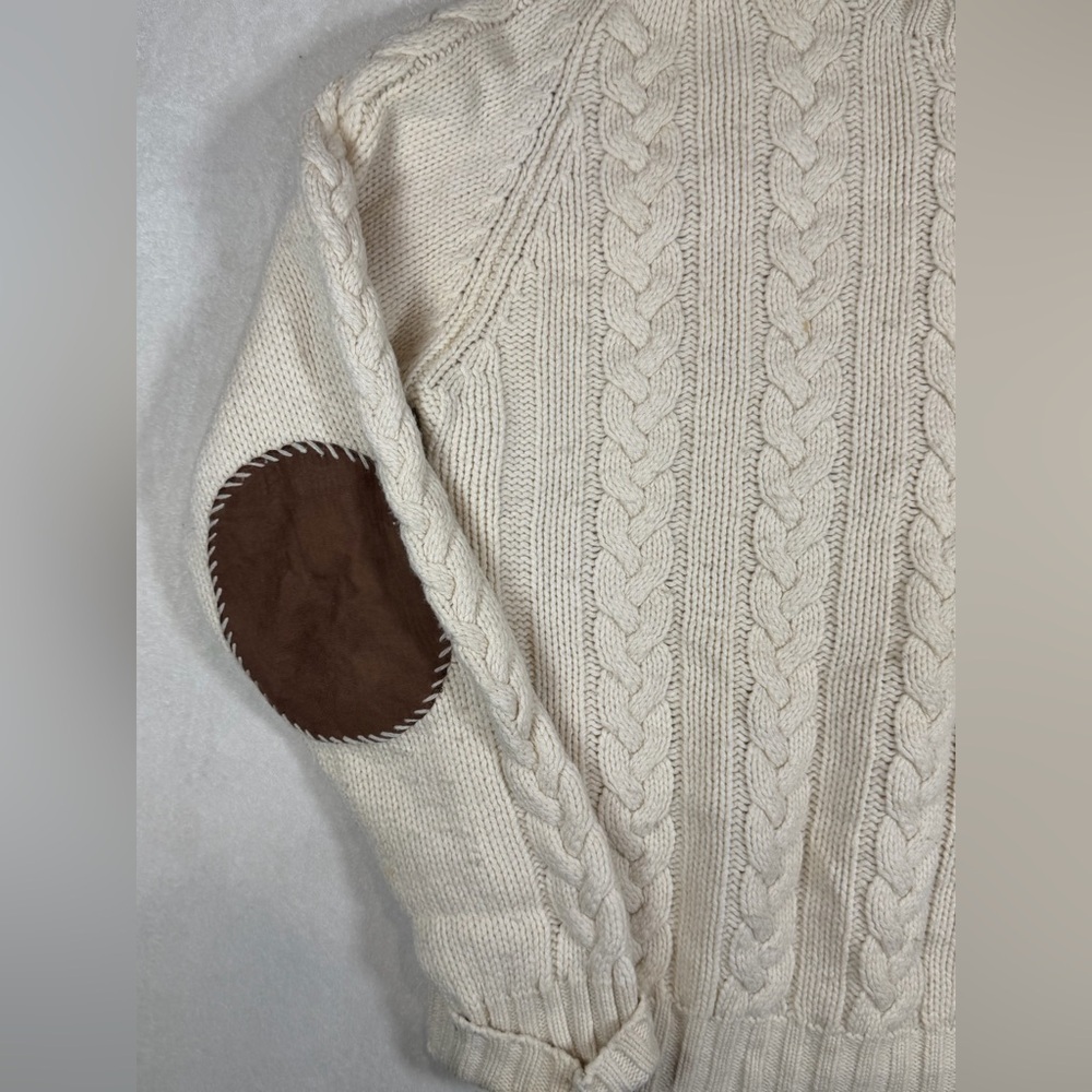 Polo Ralph Lauren Wool Linen Blend Ivory Cable Knit Sweater Brown Elbow Patches - Picture 3 of 8
